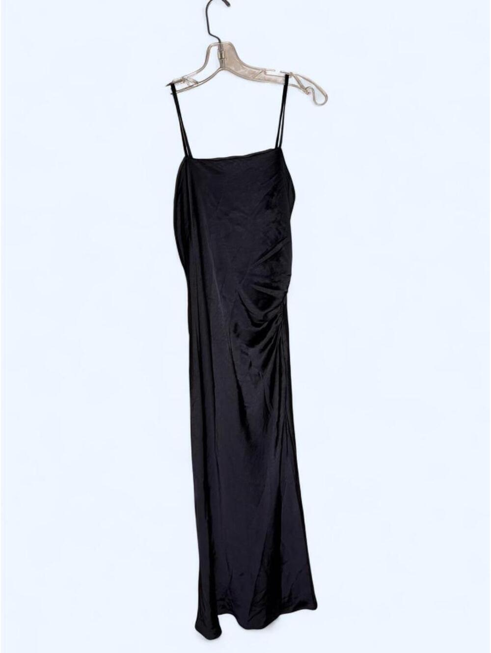 Black Joie midi dress with ruched detail and side zipper closure